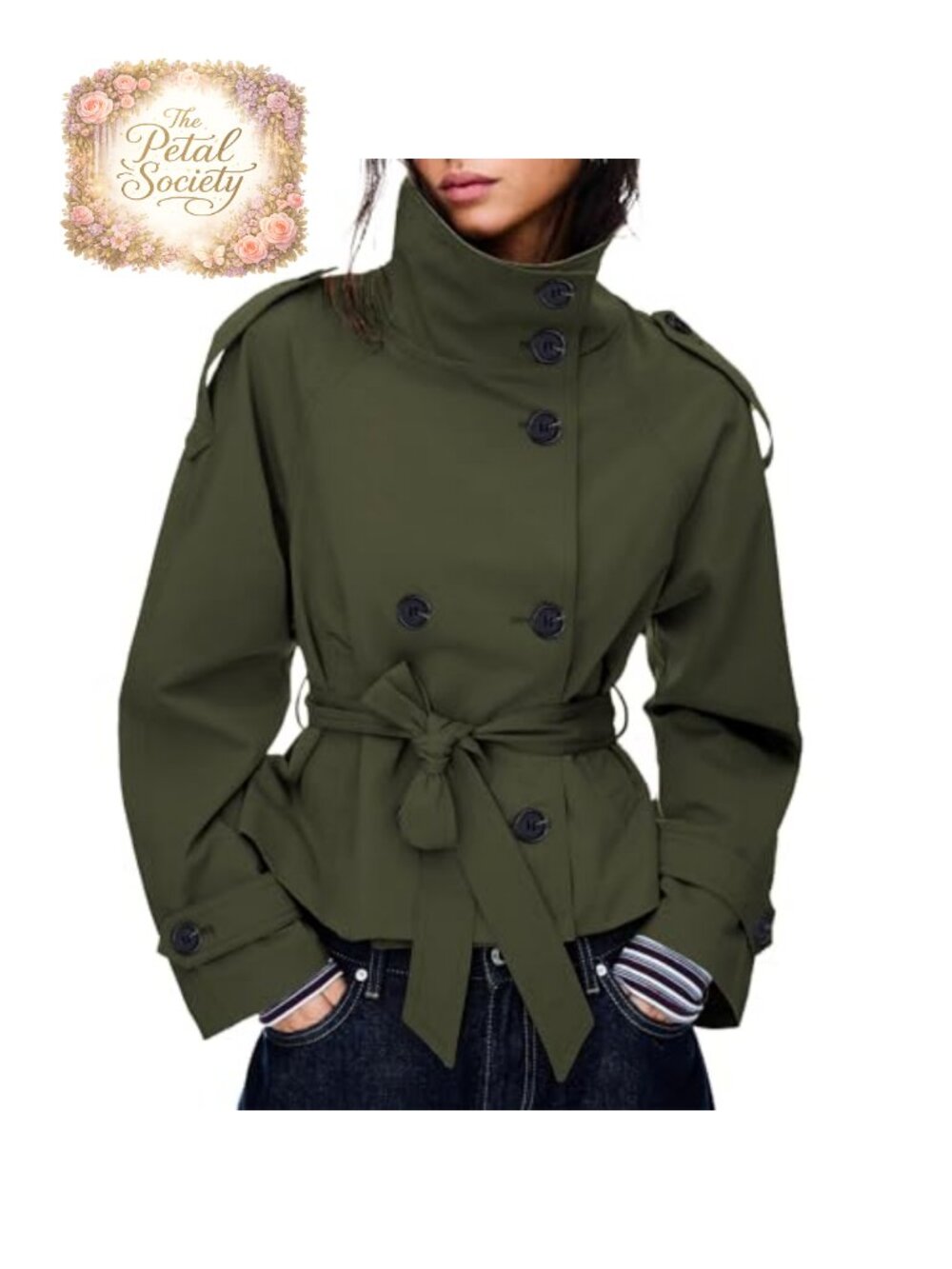 Women's Cropped Trench Coat Double Breasted Belted Funnel Neck Fall Jacket